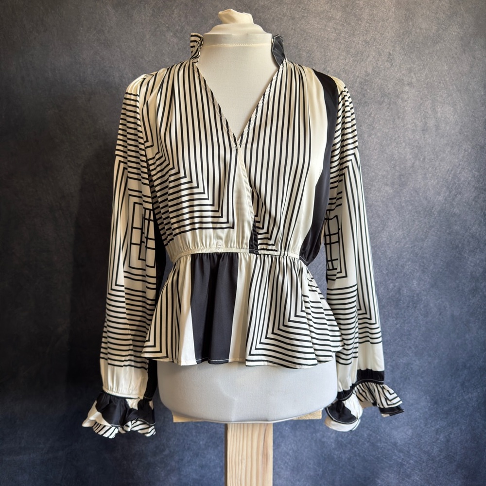 Sweet Rain Black and White Asymmetrical Peplum Blouse
